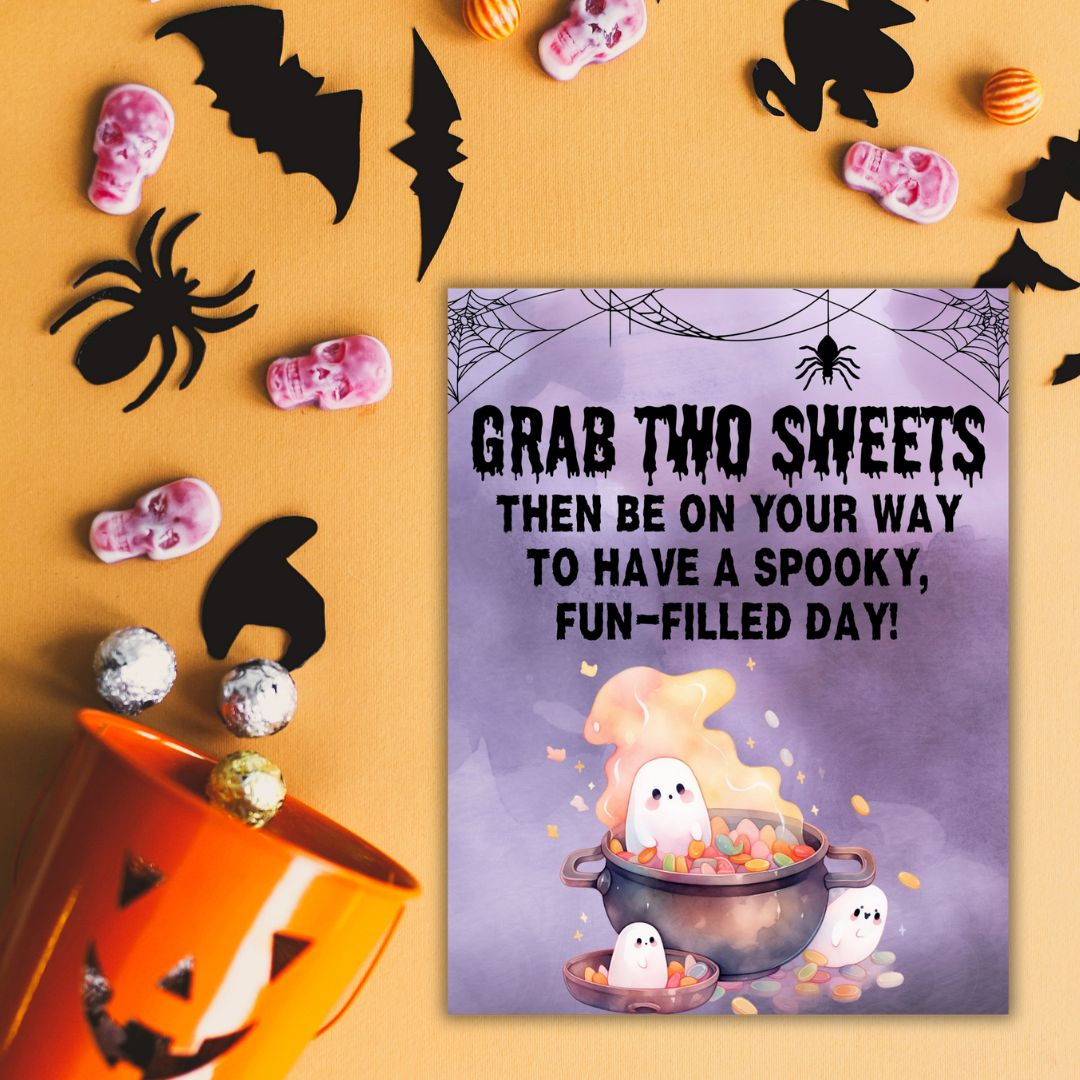 Halloween Candy Bowl Sign - Purple Ghost in Cauldron – Creative in wonderland for Free Printable Halloween Candy Bowl Sign