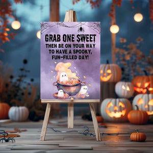 Halloween Candy Bowl Sign - Purple Ghost in Cauldron