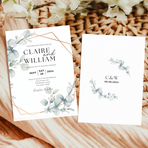 Printable Greenery Eucalyptus Wedding Invitation Card, Details Card Template, RSVP Card with QR code, Canva Wedding Invitations Template - GEW03