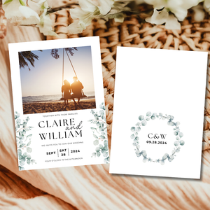 Printable Greenery Eucalyptus Wedding Invitation Card, Details Card Template, RSVP Card with QR code, Canva Wedding Invitations Template - GEW03