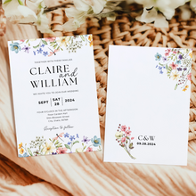 Load image into Gallery viewer, Printable Wildflower Wedding Invitation Card, Details Card Template, RSVP Card with QR code, Canva Wedding Invitations Template - WFW02
