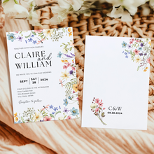 Load image into Gallery viewer, Printable Wildflower Wedding Invitation Card, Details Card Template, RSVP Card with QR code, Canva Wedding Invitations Template - WFW02
