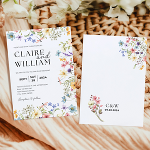 Printable Wildflower Wedding Invitation Card, Details Card Template, RSVP Card with QR code, Canva Wedding Invitations Template - WFW02